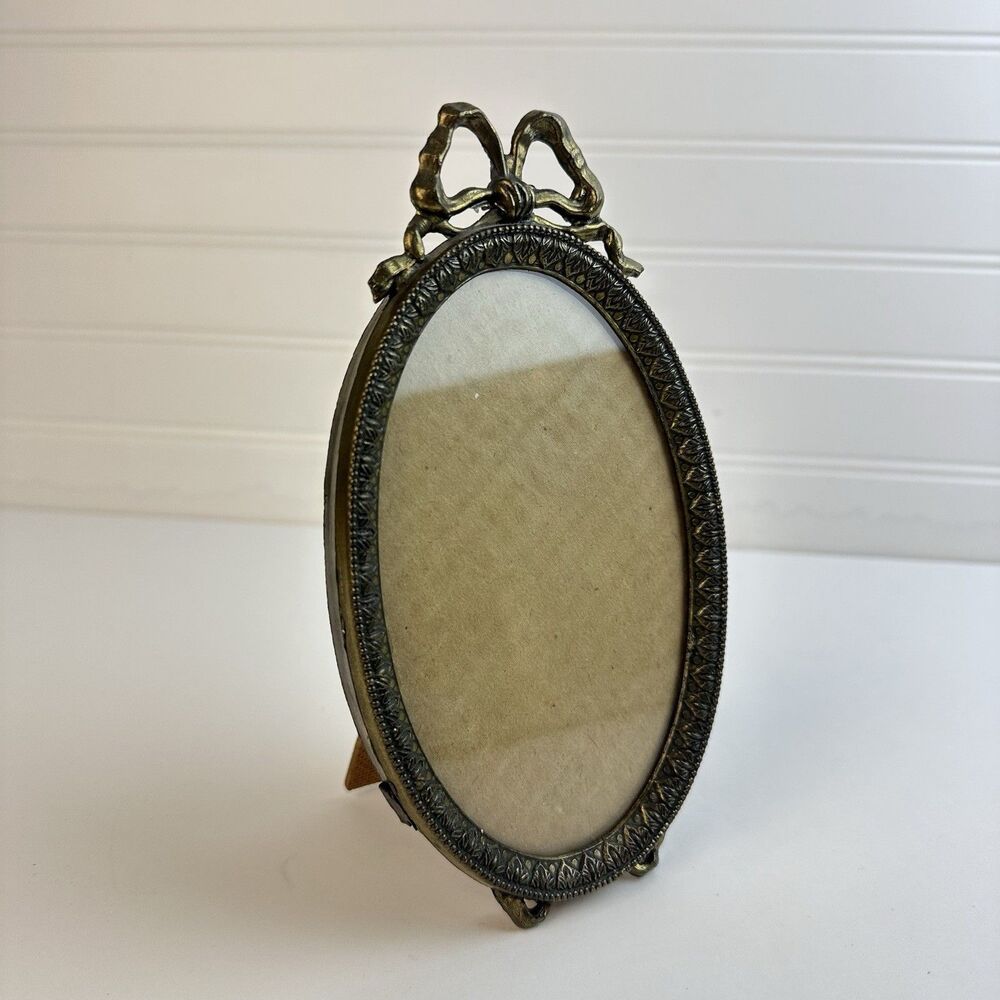 Vintage Ornate Brass Oval Picture Photo Frame Baroque Ribbon Bow Italy Tabletop